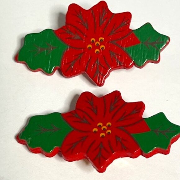 VTG Jeff Lieb Holiday Poinsettia Wooden Clip On Earrings Christmas1.75"x1" - Picture 2 of 14